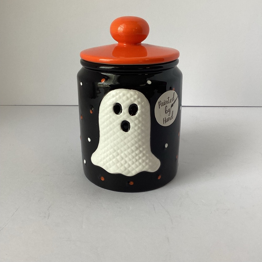 HALLOWEEN: black with orange, white polkadot, ghost canister with lid